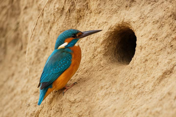 Ein Eisvogel am Eingang zu seiner Brutröhre